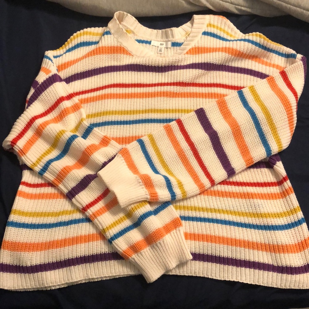 BP crossed rainbow stripe sweater.